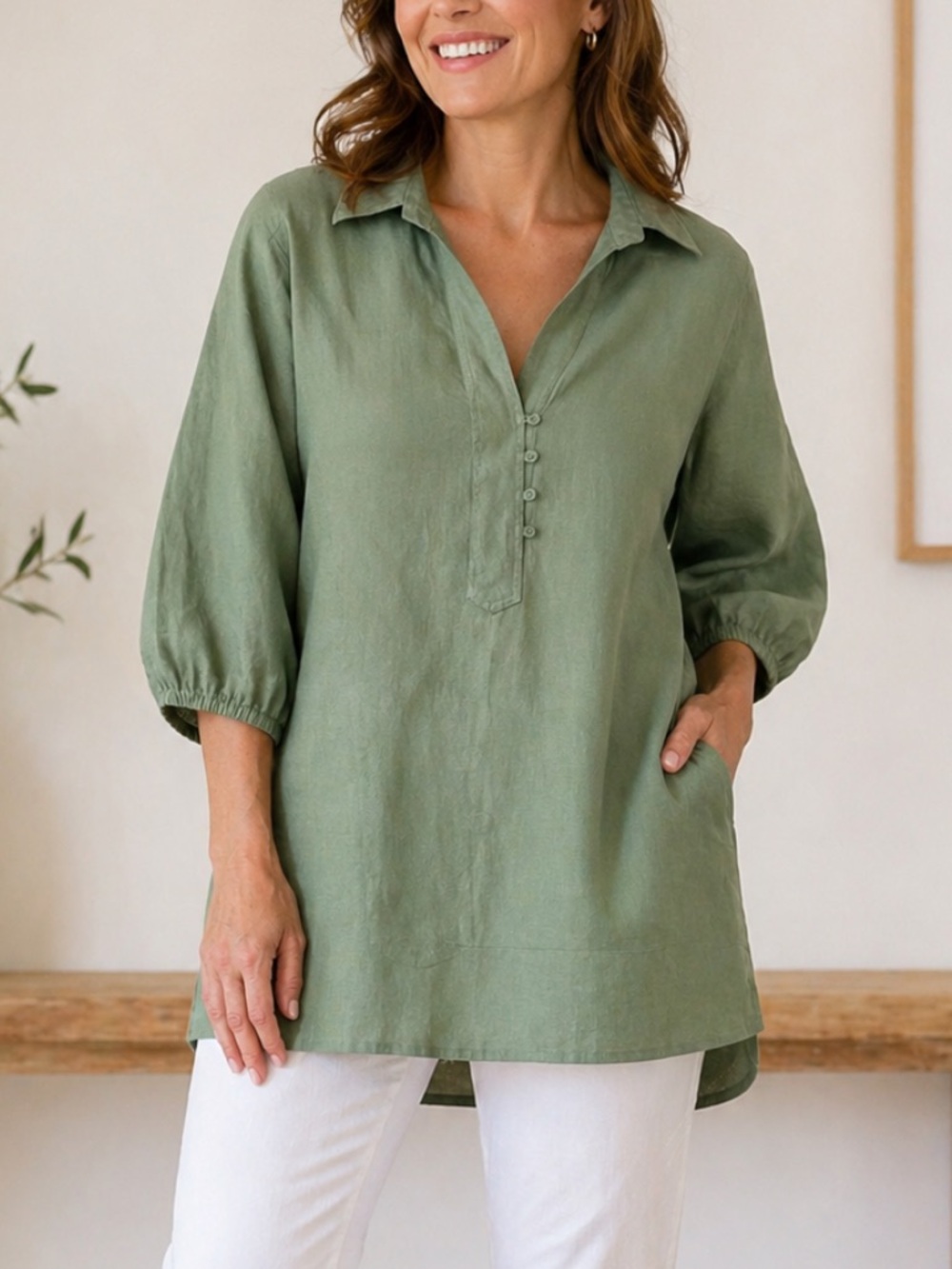Soft Surroundings 100% Linen Green Tunic with Button Placket